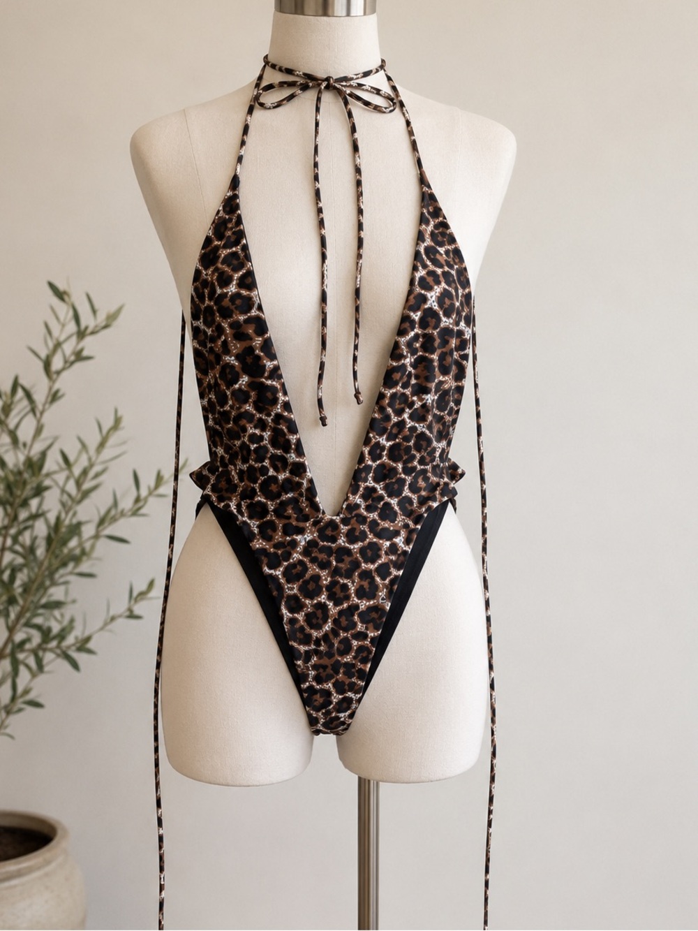 SHEIN Leopard Print Plunge Halter One Piece Swimsuit Size Large